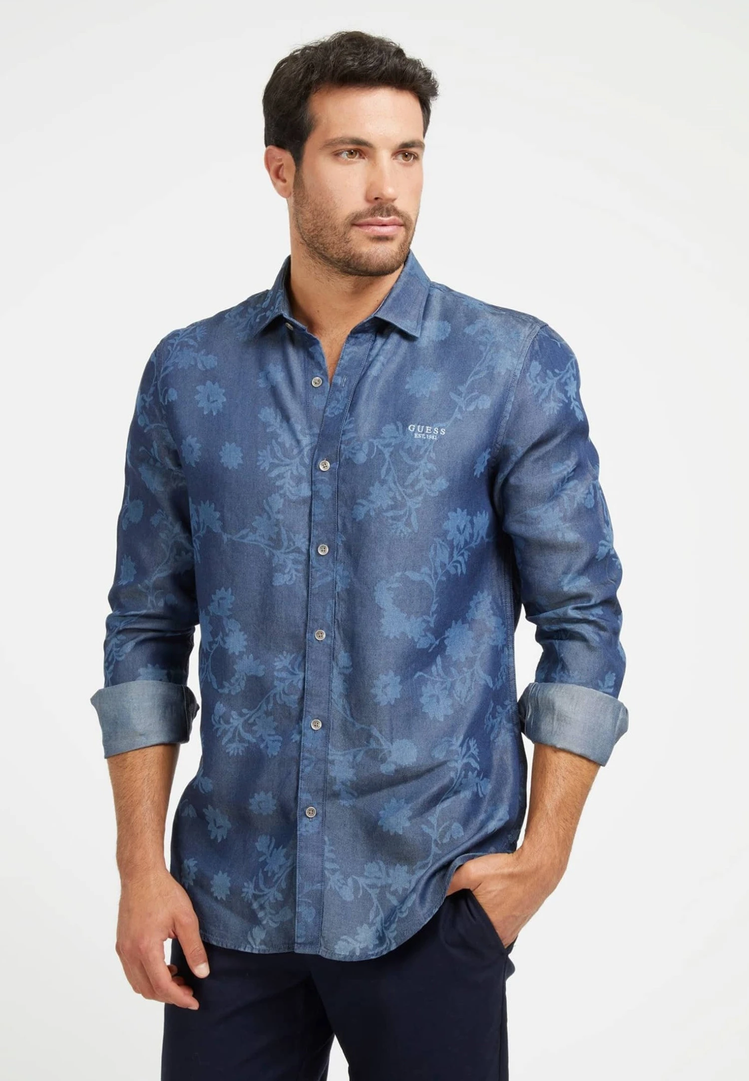 Guess Blumen - Overhemd - Mehrfarbig Grundton Blau