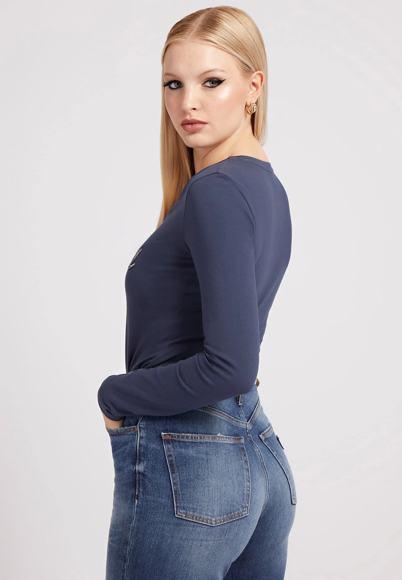 Guess Mit Strass Logo - Longsleeve - Dunkelblau - Afbeelding 3