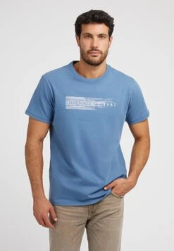 Guess Ss Cn Shaded Logo Tee - T-Shirt Print - Himmelblau