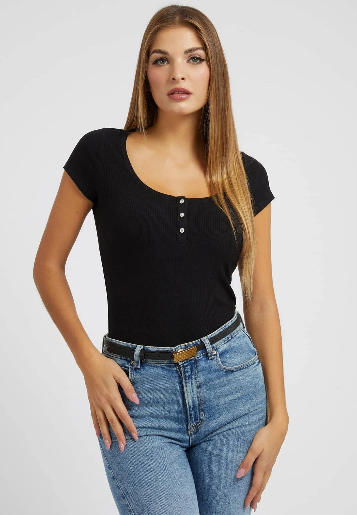 Guess Es Ss Karlee Jewel Btn Henley - T-Shirt Basic - Schwarz